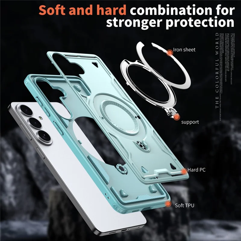 For Samsung Galaxy S26+ Magnetic Case Military Protection PC + TPU Kickstand Phone Cover - Baby Blue