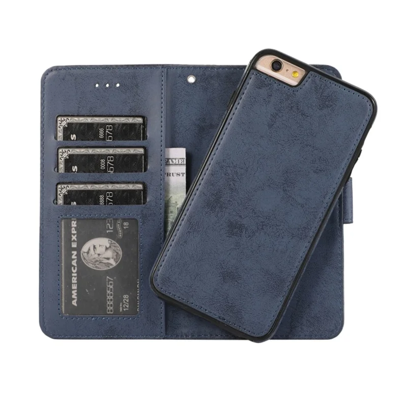 For iPhone 6 Plus  /  6s Plus Wallet Case Retro Matte Magnetic Detachable PU Leather TPU Phone Cover - Dark Blue