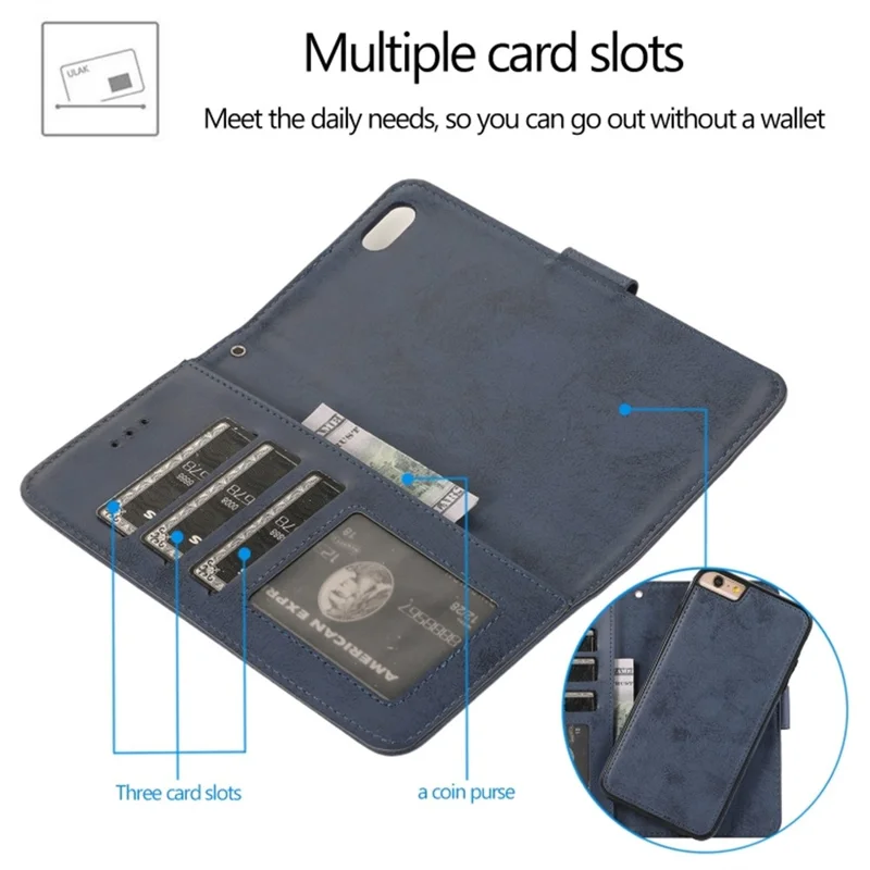 For iPhone 6 Plus  /  6s Plus Wallet Case Retro Matte Magnetic Detachable PU Leather TPU Phone Cover - Dark Blue
