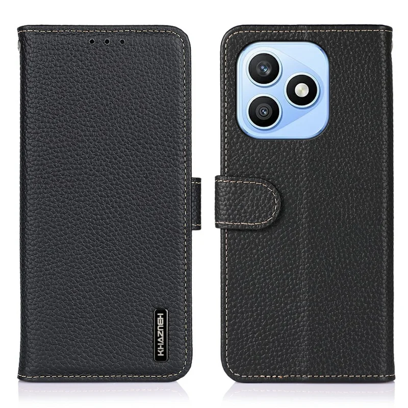KHAZNEH For Honor X8d 4G Wallet Case Litchi Texture Genuine Cow Leather Flip Phone Cover - Black
