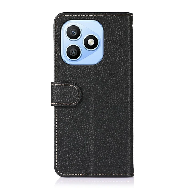 KHAZNEH For Honor X8d 4G Wallet Case Litchi Texture Genuine Cow Leather Flip Phone Cover - Black