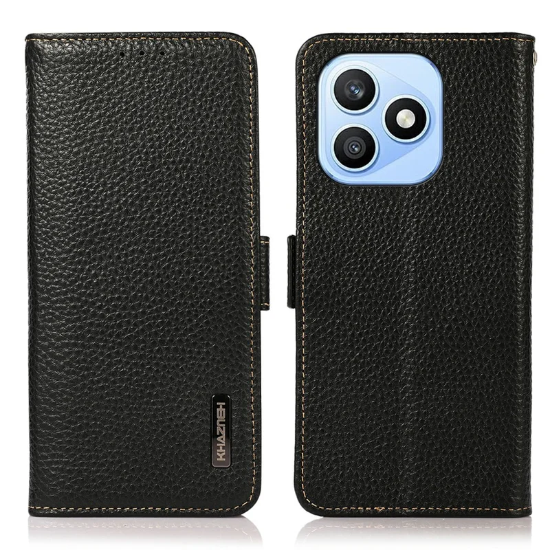 KHAZNEH for Honor X8d 4G Phone Case Litchi Texture Genuine Cow Leather Cover RFID Blocking - Black