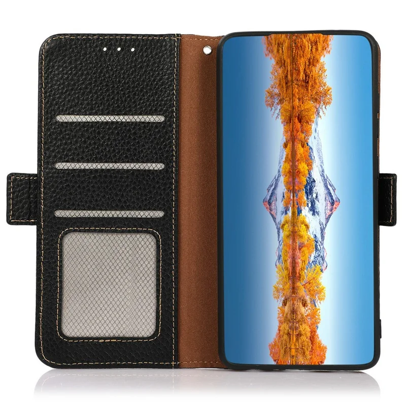 KHAZNEH for Honor X8d 4G Phone Case Litchi Texture Genuine Cow Leather Cover RFID Blocking - Black