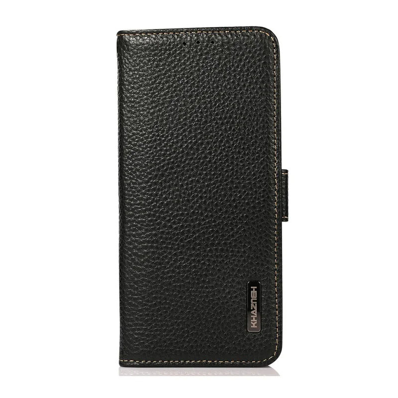 KHAZNEH for Motorola Moto G77 5G  /  G67 5G Phone Case Litchi Texture Genuine Cow Leather Cover RFID Blocking - Black