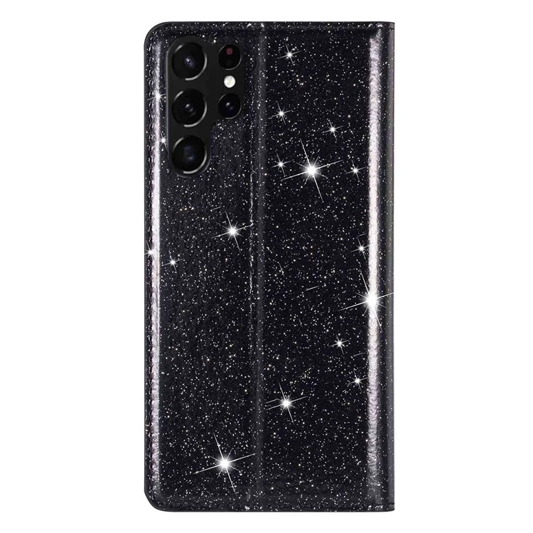 Para Samsung Galaxy S23 Ultra Glitter Sequins PU Leather Shockproof Cover Magnetic Auto Closing Phone Stand Case with Card Slot - Preto