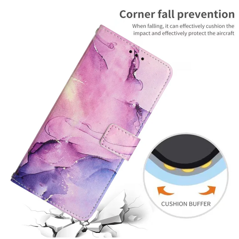 Compra em Volume para Capa Carteira Suporte para Xiaomi Redmi Note 15 Pro 4G (Global) Capa de Telefone em Pele PU com Padrão de Mármore e Alça de Pulso - Roxo