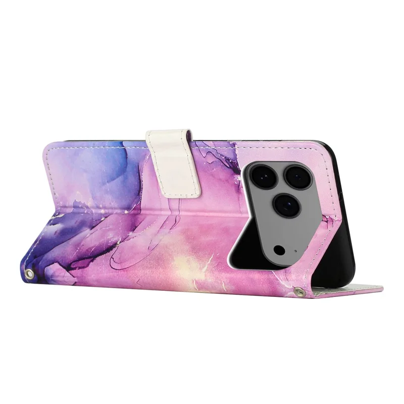 Zakup hurtowy etui portfel na iPhone 17 Pro Max z podstawką, etui typu flip z poliuretanu z wzorem marmuru i opaską na nadgarstek - fioletowy