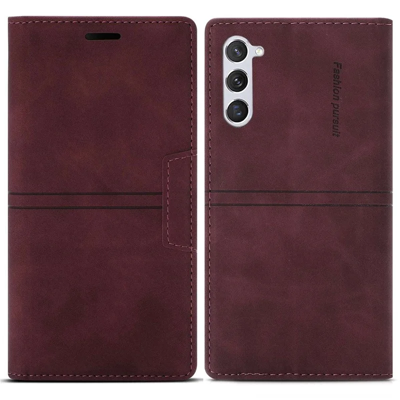 For Samsung Galaxy S23+ Magnetic Auto-absorbed PU Leather Phone Case Folio Flip Stand Wallet Cover - Wine Red