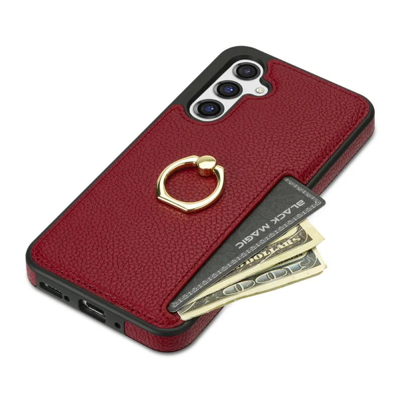 For Samsung Galaxy S26+ Case Ring Kickstand PU + TPU Card Holder Phone Cover - Red