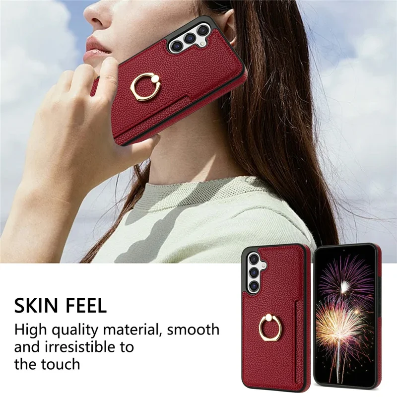 For Samsung Galaxy S26+ Case Ring Kickstand PU + TPU Card Holder Phone Cover - Red
