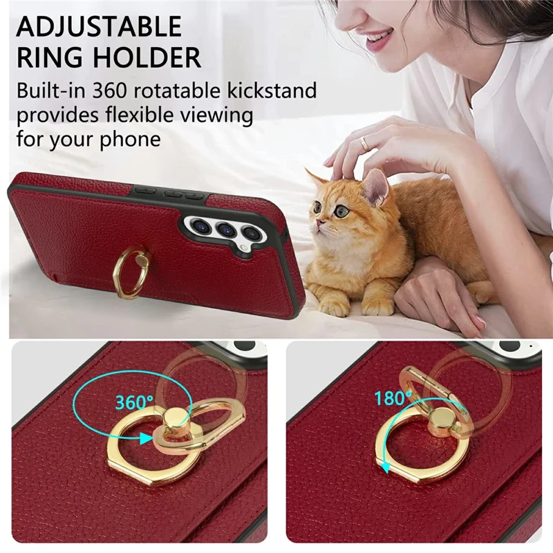 For Samsung Galaxy S26+ Case Ring Kickstand PU + TPU Card Holder Phone Cover - Red