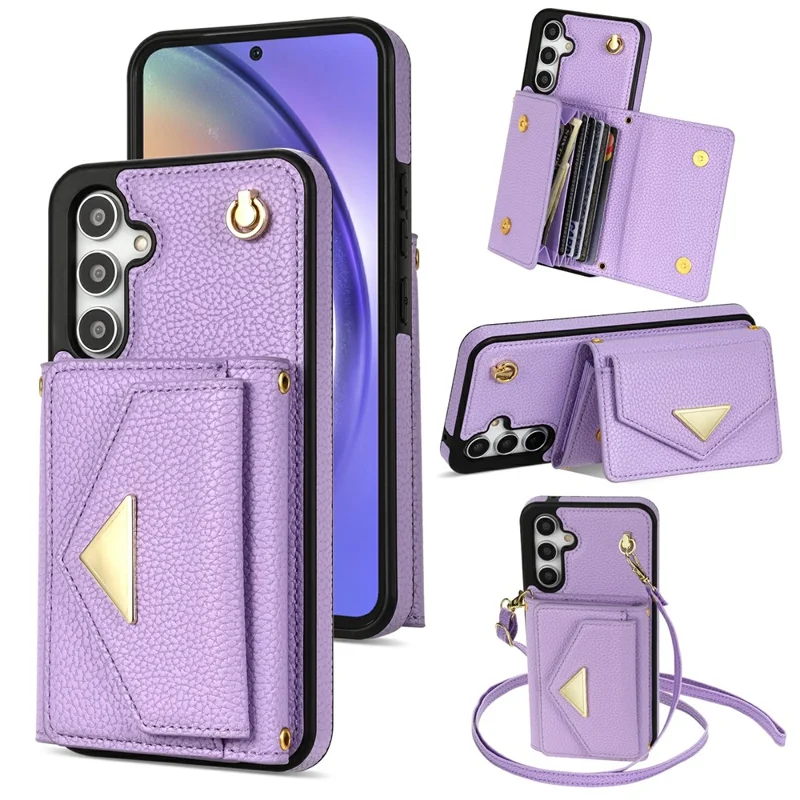 For Samsung Galaxy S26 Case Card Slots PU+TPU Cell Phone Cover with Long Strap - Purple