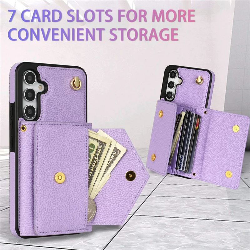 For Samsung Galaxy S26 Case Card Slots PU+TPU Cell Phone Cover with Long Strap - Purple