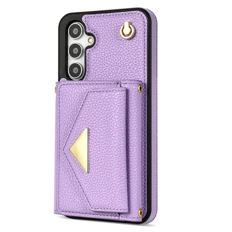 For Samsung Galaxy S26 Case Card Slots PU+TPU Cell Phone Cover with Long Strap - Purple