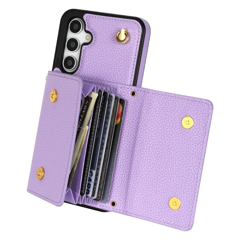 For Samsung Galaxy S26+ Case Card Slots PU+TPU Cell Phone Cover with Long Strap - Purple