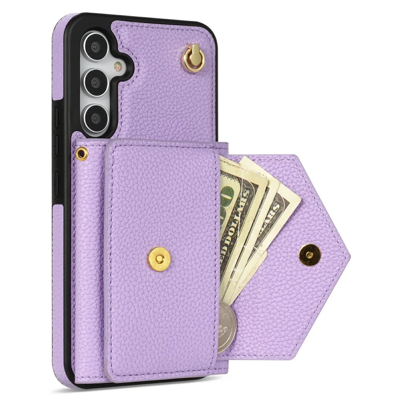 For Samsung Galaxy S26+ Case Card Slots PU+TPU Cell Phone Cover with Long Strap - Purple