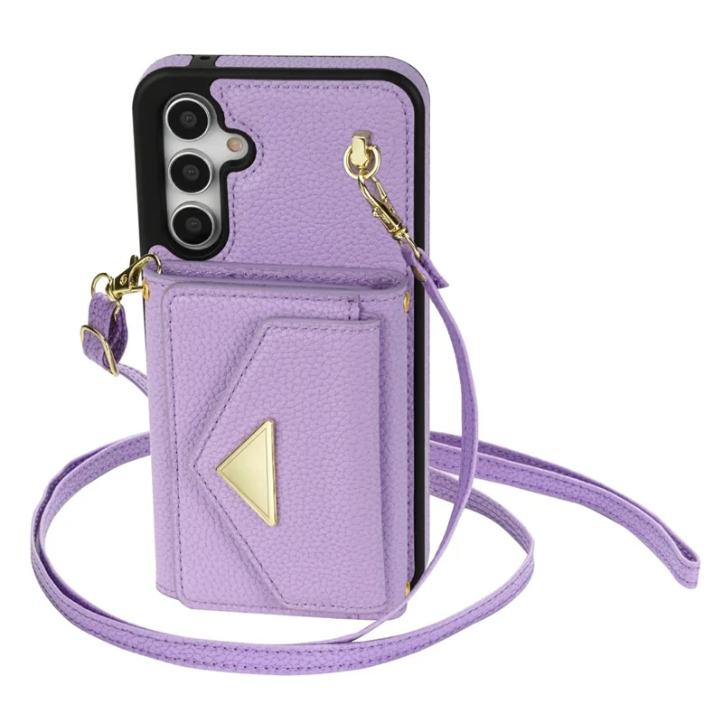For Samsung Galaxy S26+ Case Card Slots PU+TPU Cell Phone Cover with Long Strap - Purple