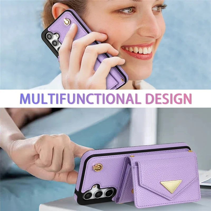 For Samsung Galaxy S26+ Case Card Slots PU+TPU Cell Phone Cover with Long Strap - Purple