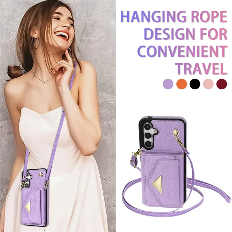 For Samsung Galaxy S26+ Case Card Slots PU+TPU Cell Phone Cover with Long Strap - Purple