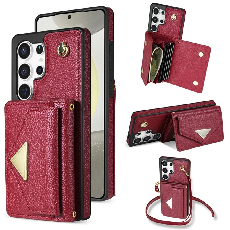 For Samsung Galaxy S26 Ultra Case Card Slots PU+TPU Cell Phone Cover with Long Strap - Wine Red