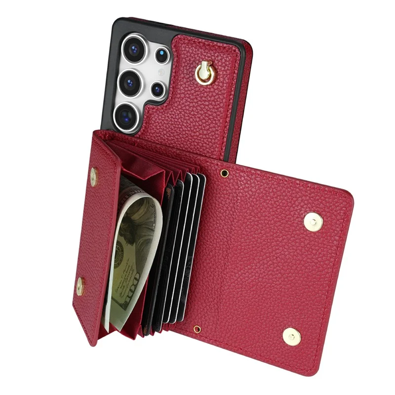 For Samsung Galaxy S26 Ultra Case Card Slots PU+TPU Cell Phone Cover with Long Strap - Wine Red
