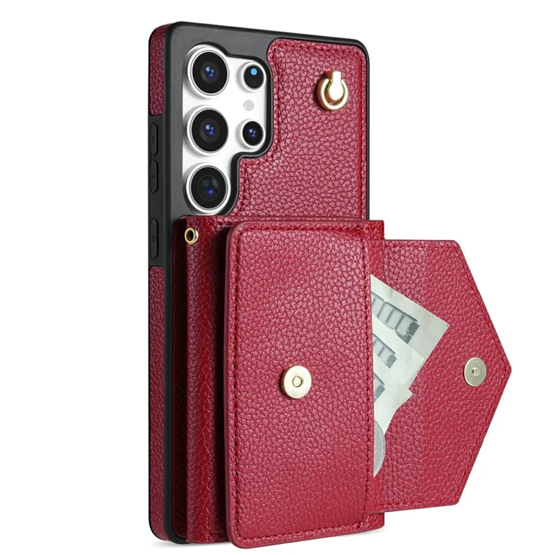 For Samsung Galaxy S26 Ultra Case Card Slots PU+TPU Cell Phone Cover with Long Strap - Wine Red