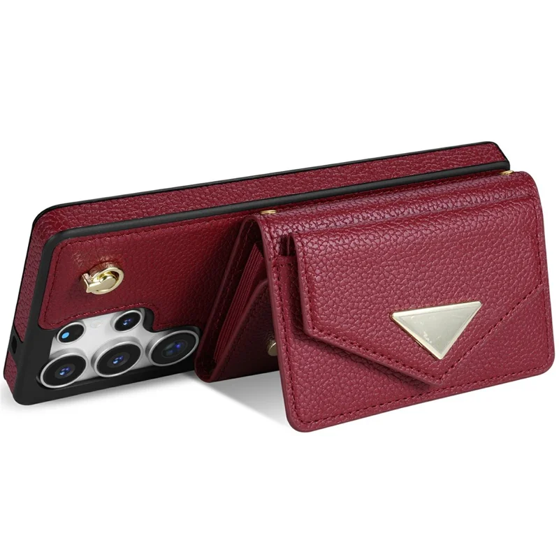 For Samsung Galaxy S26 Ultra Case Card Slots PU+TPU Cell Phone Cover with Long Strap - Wine Red