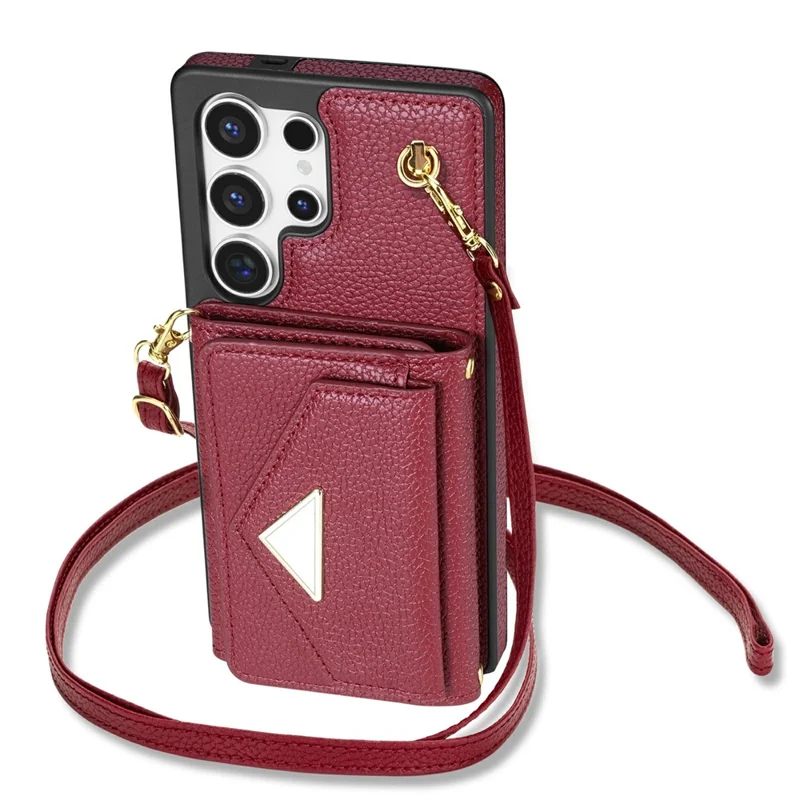 For Samsung Galaxy S26 Ultra Case Card Slots PU+TPU Cell Phone Cover with Long Strap - Wine Red