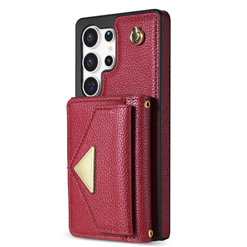 For Samsung Galaxy S26 Ultra Case Card Slots PU+TPU Cell Phone Cover with Long Strap - Wine Red