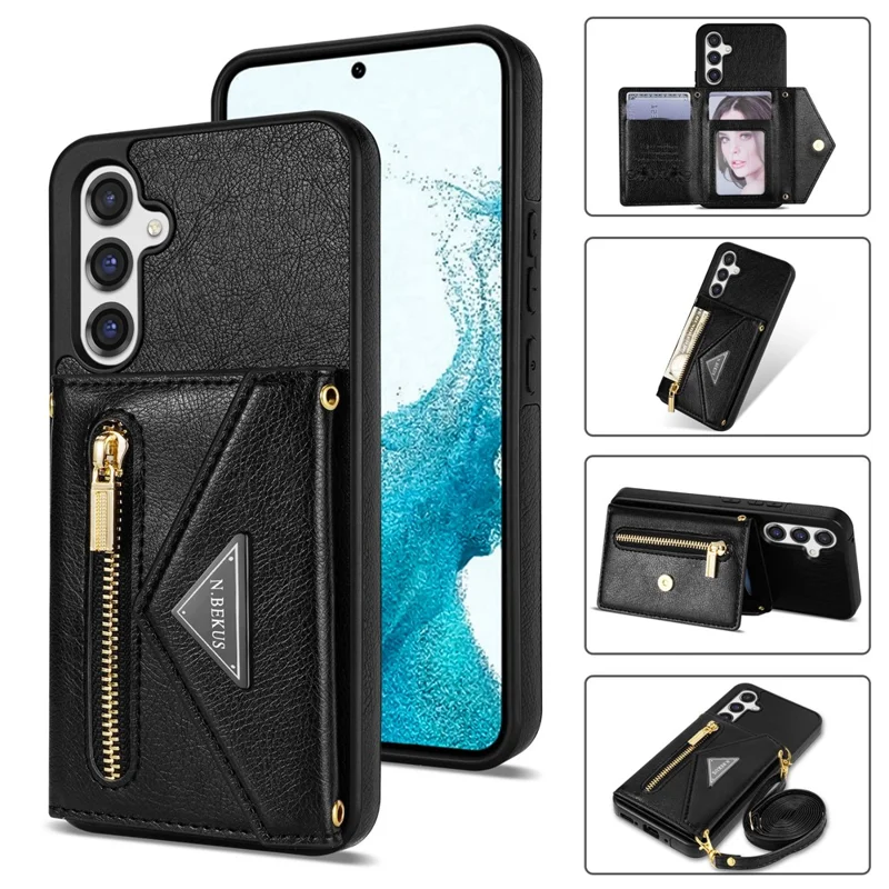 N.BEKUS pour Samsung Galaxy S26+ étui en cuir avec fermeture à glissière, support de carte, housse de téléphone avec sangle d'épaule - Noir