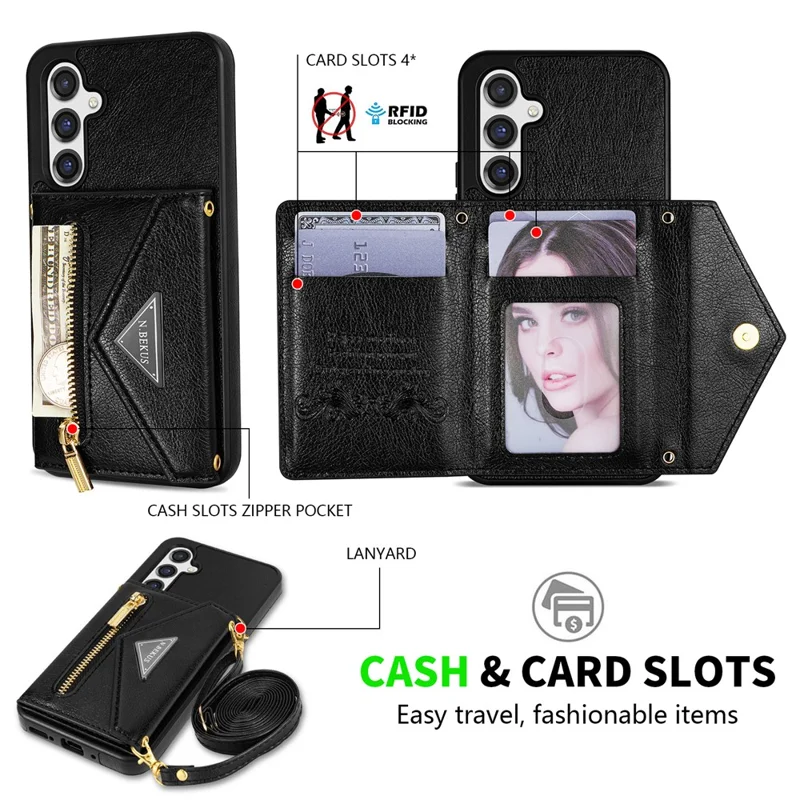 N.BEKUS pour Samsung Galaxy S26+ étui en cuir avec fermeture à glissière, support de carte, housse de téléphone avec sangle d'épaule - Noir