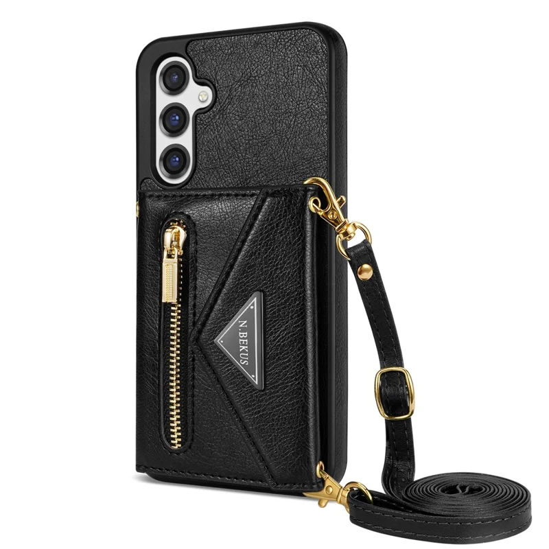 N.BEKUS pour Samsung Galaxy S26+ étui en cuir avec fermeture à glissière, support de carte, housse de téléphone avec sangle d'épaule - Noir