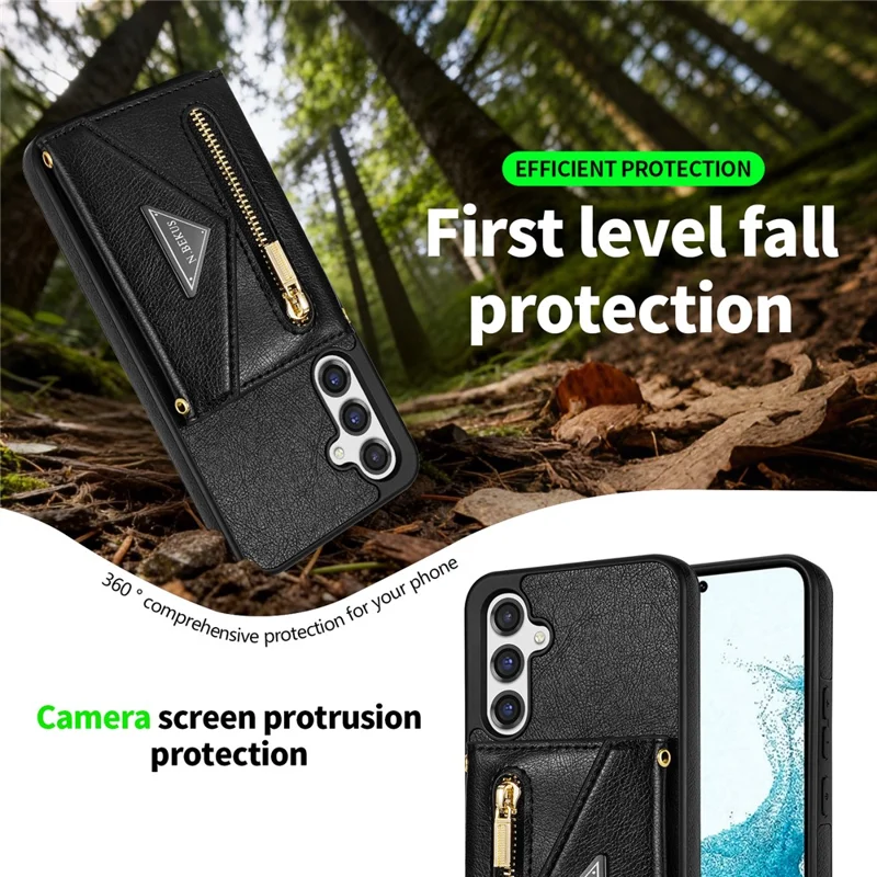 N.BEKUS pour Samsung Galaxy S26+ étui en cuir avec fermeture à glissière, support de carte, housse de téléphone avec sangle d'épaule - Noir
