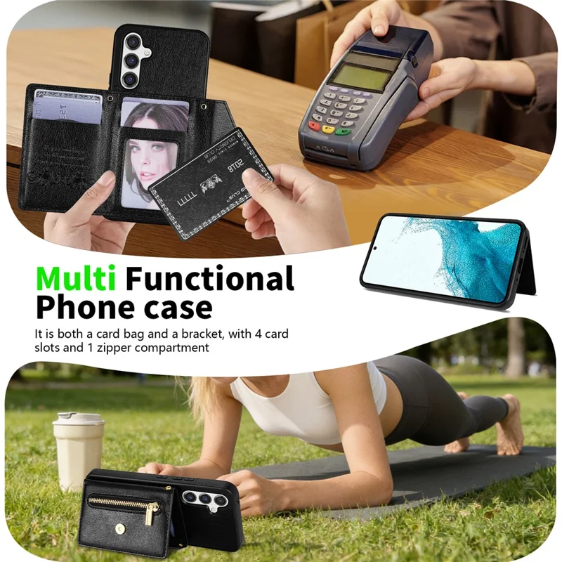 N.BEKUS pour Samsung Galaxy S26+ étui en cuir avec fermeture à glissière, support de carte, housse de téléphone avec sangle d'épaule - Noir