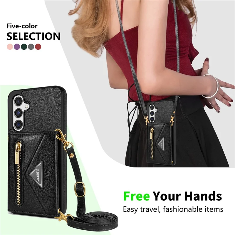 N.BEKUS pour Samsung Galaxy S26+ étui en cuir avec fermeture à glissière, support de carte, housse de téléphone avec sangle d'épaule - Noir