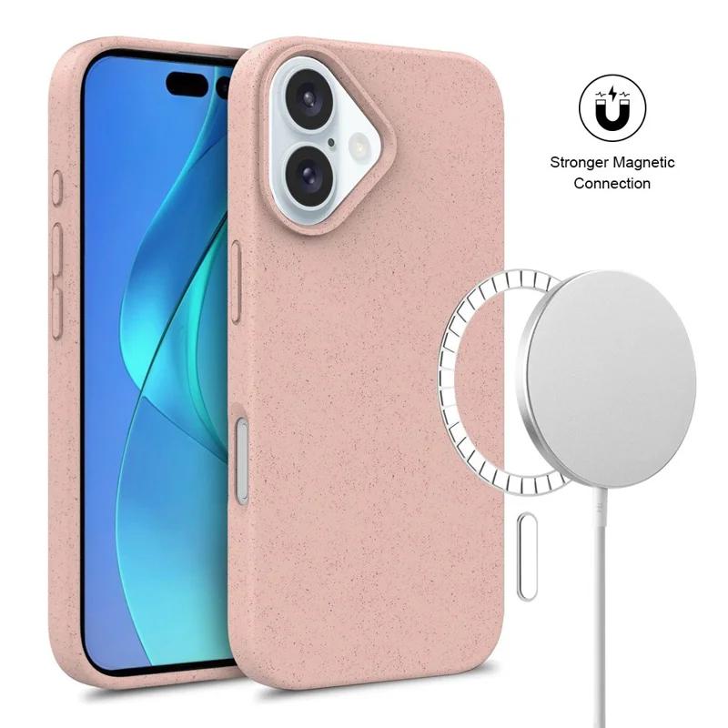 Acquisto all'ingrosso per custodia magnetica iPhone 16 compatibile con MagSafe in materiale di paglia di grano e TPU, cover antigraffio - Rosa