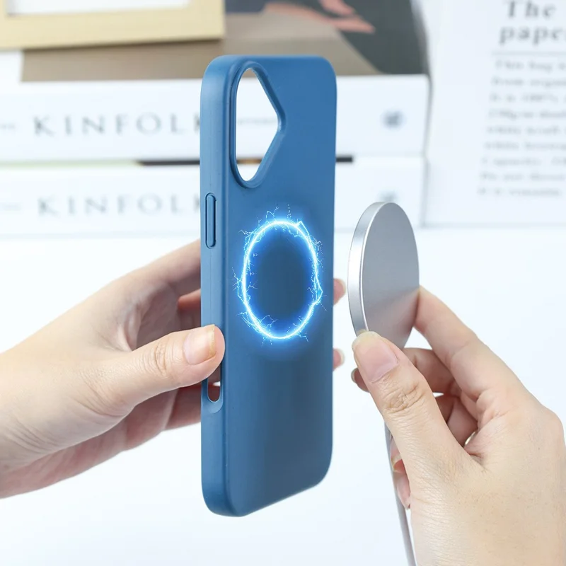 Compra al por mayor de funda magnética para iPhone 16 Plus compatible con MagSafe, carcasa anticaída de paja de trigo y TPU - Azul marino