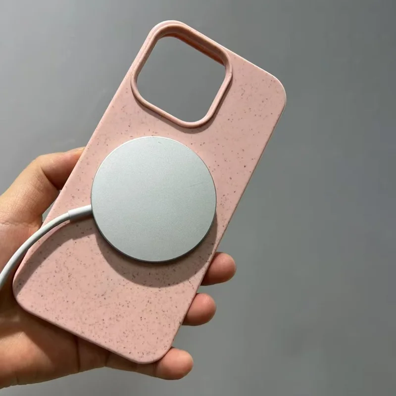 Coque magnétique pour iPhone 16 Pro Max, compatible MagSafe, en paille de blé et TPU, protection anti-chute - Rose