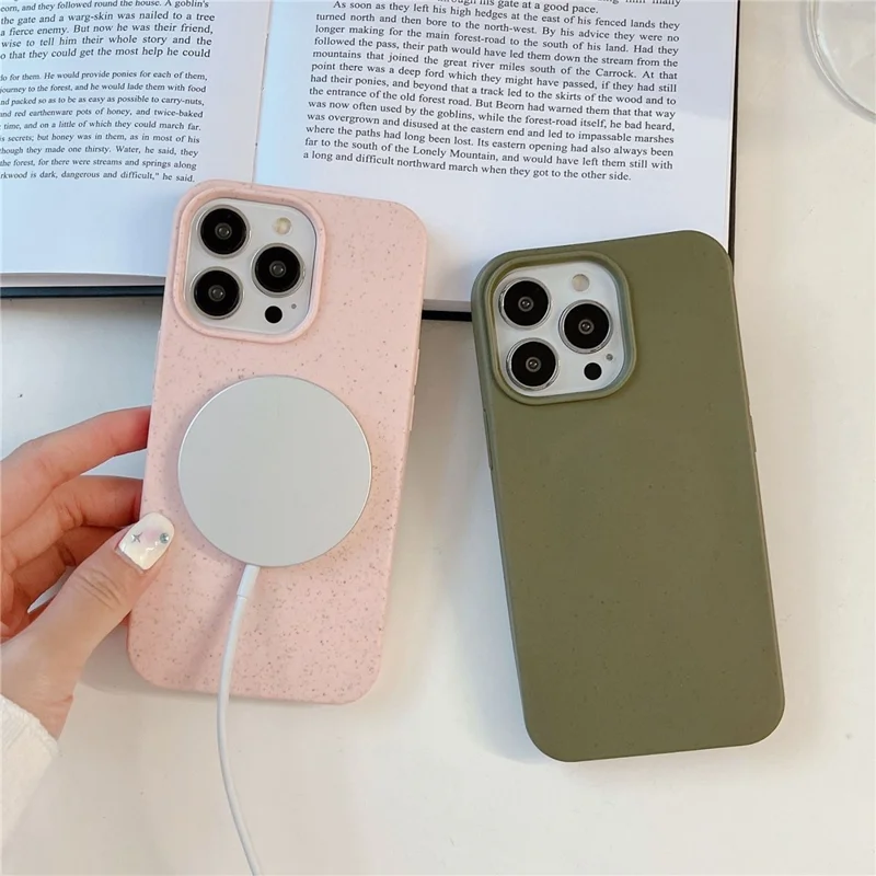 Coque magnétique pour iPhone 16 Pro Max, compatible MagSafe, en paille de blé et TPU, protection anti-chute - Rose