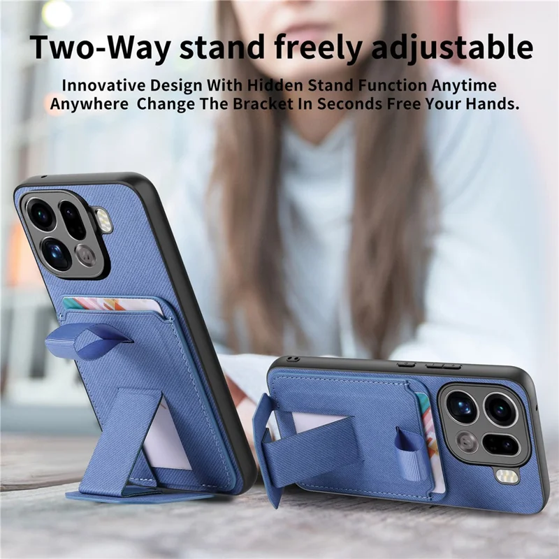 For Oppo Find X9 Pro 5G Case Cloth Texture TPU PU Leather PC Phone Back Cover with Card Holder Kickstand - Blue