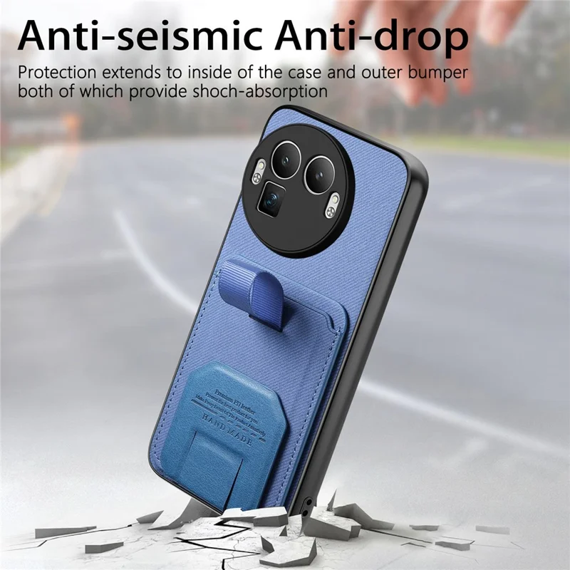 Funda para Realme GT 8 Pro 5G con textura de tela, compuesta de TPU, cuero PU y PC, con soporte y ranura para tarjetas - Azul
