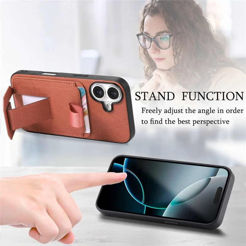 Til iPhone 16 Case Stofstruktur TPU PU Læder PC Telefon Bagdæksel med Kortholder og Stand - Brun