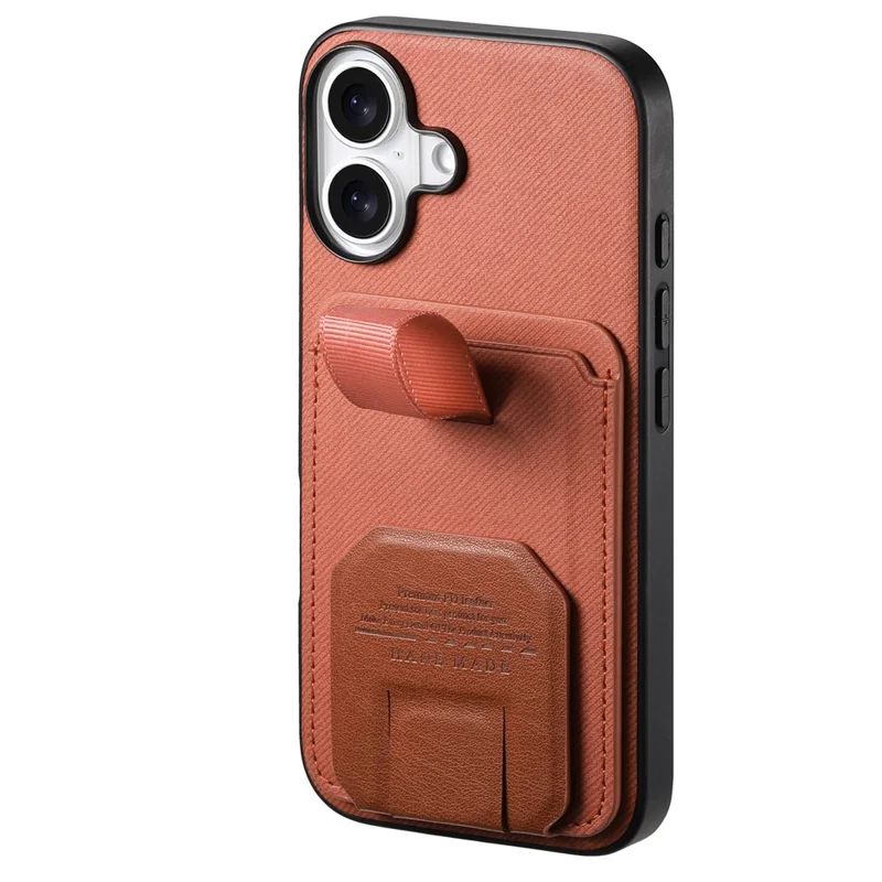Til iPhone 16 Case Stofstruktur TPU PU Læder PC Telefon Bagdæksel med Kortholder og Stand - Brun
