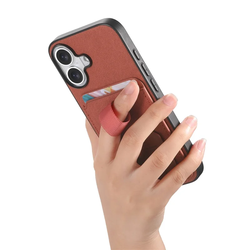 Til iPhone 16 Case Stofstruktur TPU PU Læder PC Telefon Bagdæksel med Kortholder og Stand - Brun