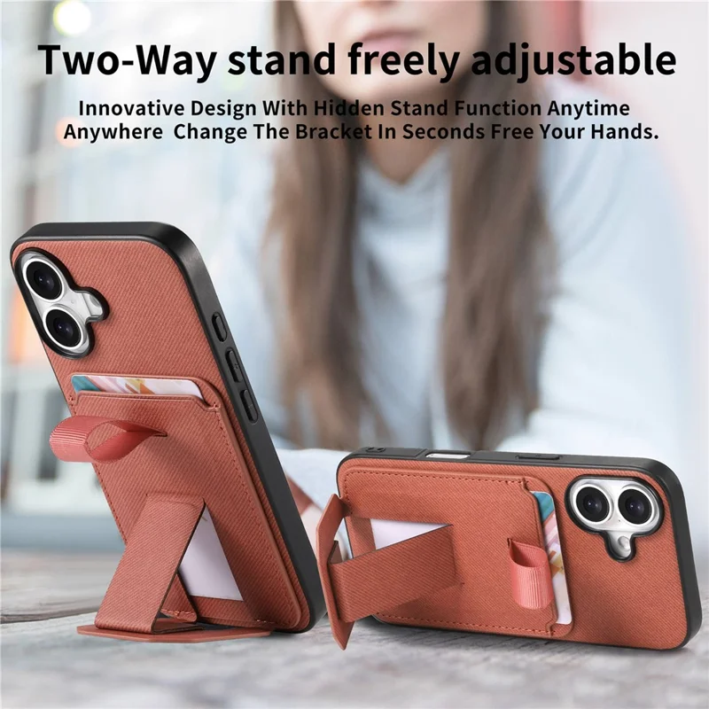 Til iPhone 16 Case Stofstruktur TPU PU Læder PC Telefon Bagdæksel med Kortholder og Stand - Brun