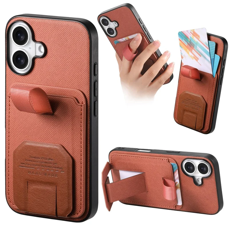 For iPhone 17 Case Cloth Texture TPU PU Leather PC Phone Back Cover with Card Holder Kickstand - Brown