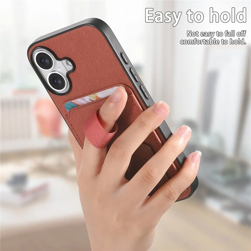 For iPhone 17 Case Cloth Texture TPU PU Leather PC Phone Back Cover with Card Holder Kickstand - Brown