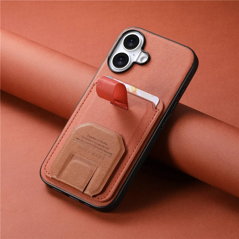 For iPhone 17 Case Cloth Texture TPU PU Leather PC Phone Back Cover with Card Holder Kickstand - Brown