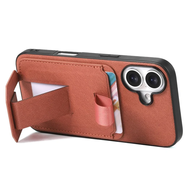 For iPhone 17 Case Cloth Texture TPU PU Leather PC Phone Back Cover with Card Holder Kickstand - Brown