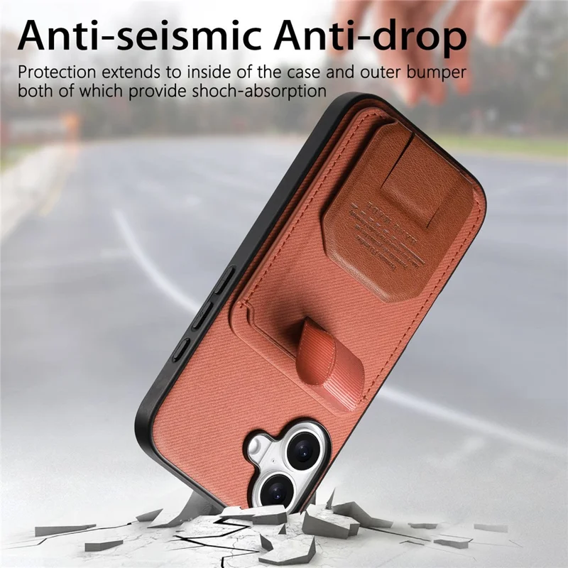 For iPhone 17 Case Cloth Texture TPU PU Leather PC Phone Back Cover with Card Holder Kickstand - Brown